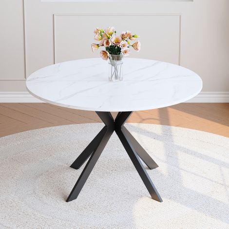 Tavolo da pranzo rotondo moderno con effetto marmo bianco, realizzato in MDF con struttura a X nera, ideale per cucina e soggiorno, diametro 110 cm.