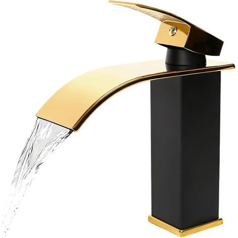 Waterfall style basin tap, stainless steel bathroom tap, classic black and gold color, elegant design. (1/5)