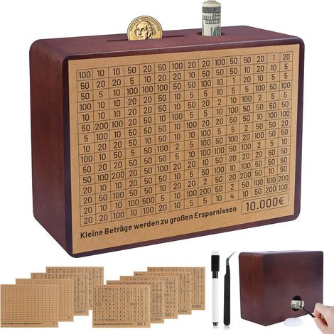 Tirelire en Bois 500 1000 2000 3000 5000 10000 Euro Boite Economie Argent Qui Ne s'Ouvre Pas Tirelire Japonaise Money Box avec Objectif d'épargne pour Adultes et Enfants - (Brun)