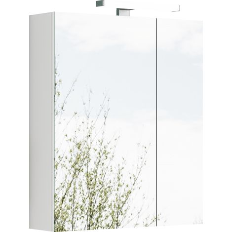 Bad-Spiegelschrank 60 cm Weiß, asymmetrische Türen, LED und französische Steckdose, MODENUIT (1/5)