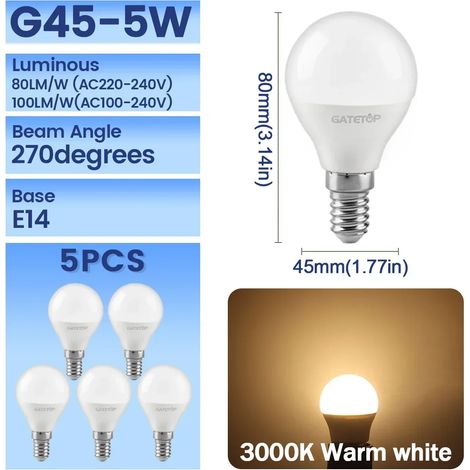 (G45 3000K, AC100-240V) Lot de 5 ampoules LED, culot E14, sans scintillement (1/3)