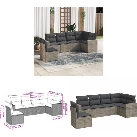 Salon de jardin 6 pcs avec coussins gris résine tressée - Salon De Jardin - Meuble Extérieur - Résine Tressée - Salon D'extérieur - Set De Salon - Home & Living (1/3)