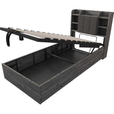 Cama individual 90 x 200 cm con almacenaje hidráulico, cabecero y USB tipo C, gris (1/5)