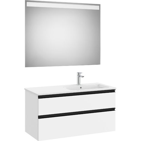 Pack meuble "The Gap" 1000 - 2 tiroirs + lavabo slim droite + miroir LED - blanc mat/poignées noires - Roca (1/2)