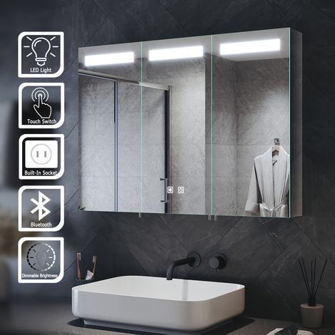 ELEGANT LED Bathroom Mirror Cabinet with Shaver Socket and Bluetooth Speakers Stainless Steel Cabinet with Dimmable Brightness + Sensor Touch 900 x 650mm Smart Bathroom Cabinet