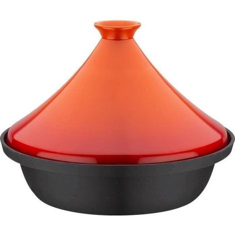 Tajín de hierro fundido macizo - GSW - 30 x 22 cm - Tapa de cerámica - Inducción - Naranja (1/4)