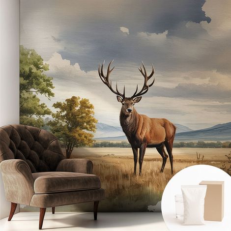 Tapete Vliestapete mit Kleber - Wanddekoration - Wandfolie - 3D Tapete Wand - Wohnungsdeko Majestätischer Hirsch 250x250 cm (1/5)