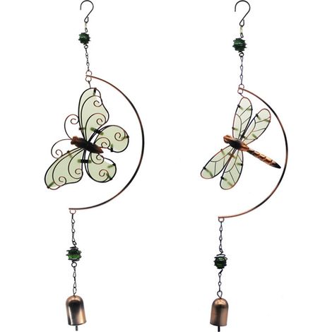 Lot de 2 décorations de carillon à vent brillant dans le noir – Papillon et libellule en cuivre avec verre, cloches souples pour jardin et balcon (1/5)