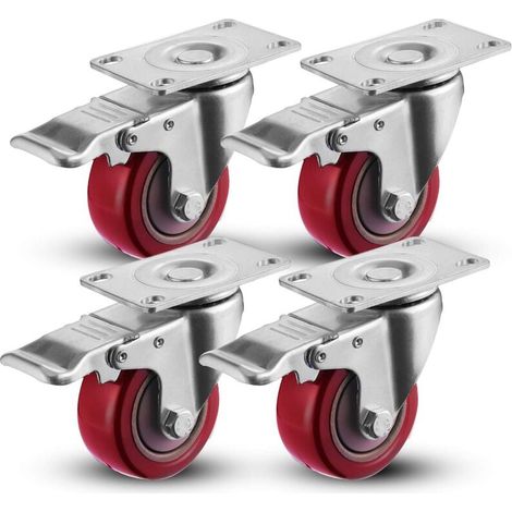 Lot de 4 Roulettes Pivotantes pour meubles, Roulette avec frein 75 mm, Rouge (1/5)