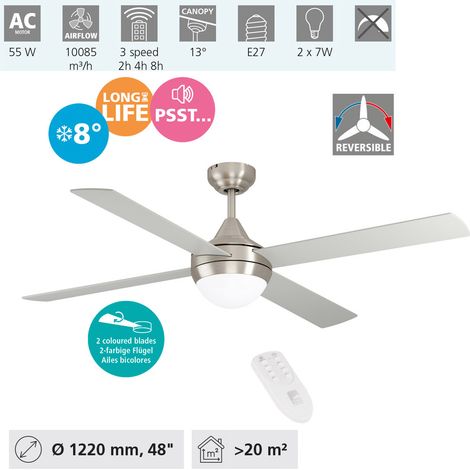 EGLO Deckenventilator VARADERO, 4 Flügel Ventilator mit Licht, Wendeflügel aus MDF in Silber oder Eiche, Gehäuse aus Stahl in Silber, Fernbedienung, Timer, Sommer Winter Betrieb, Ø 122cm (1/5)