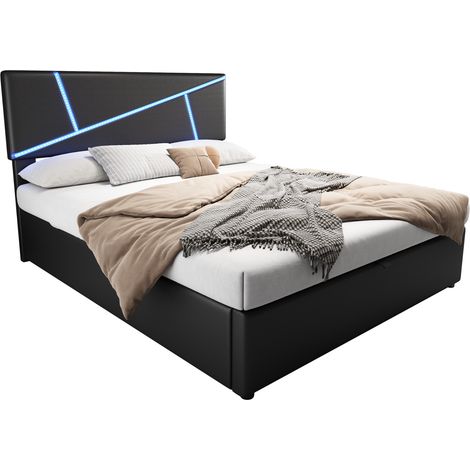 Polsterbett mit Bettkasten 140x200 cm aus PU, Doppelbett mit LED und 26 Latten, ohne Matratze, schwarz (1/5)