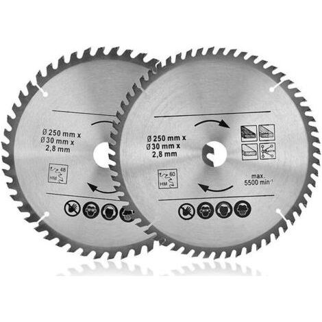 Lame de scie circulaire 250 mm 48T/60T – Alésage 30 mm – Métal dur pour bois naturel et contreplaqué – Pack de 2 disques - DUR 48 T (1/5)