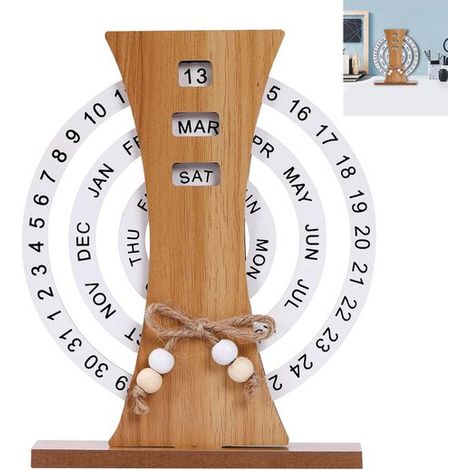 Calendrier perpétuel en bois, 1 pièce, format rond avec bloc rotatif manuel, affichage du jour, de la date et du mois, pour maison et bureau, couleur bois naturel (1/5)