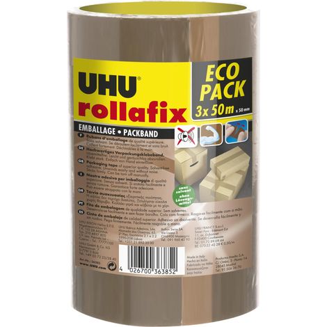 UHU Nastro adesivo da imballaggio Rollafix Classic, 50 mm x 50 m, confezione da 3 pezzi, silenzioso (1/3)
