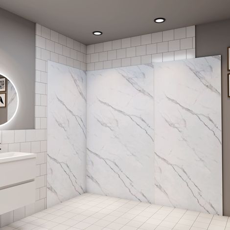 Pack de 3 Panneaux muraux de douche blanc effet marbre 80+80+100 x H.210cm avec 4 profilés Panneau mural salle de bain - Aluminium