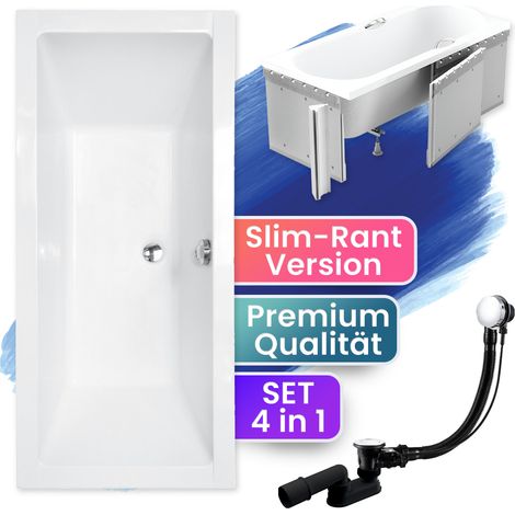 Badewanne Rechteck 190x90  mit Styroporverkleidung, Ablaufgarnitur & Füßen GRATIS - Komplettset 4in1 Original Acryl Wanne Siphon - BADLAND QUADRO SLIM (1/5)