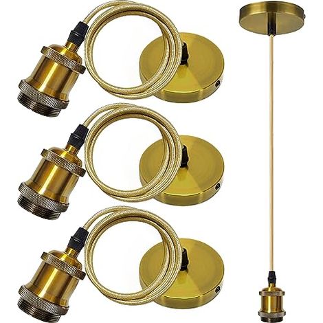 3 Pcs Vintage Suspension Lampe E27 avec Douille Ampoule et Câble Pendule 100 cm - Or Antique (1/5)