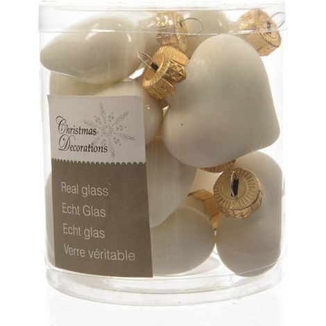 Christbaumkugeln Wollweiß Herzform 6 x glänzend & 6 x matt aus Glas - 12er Set