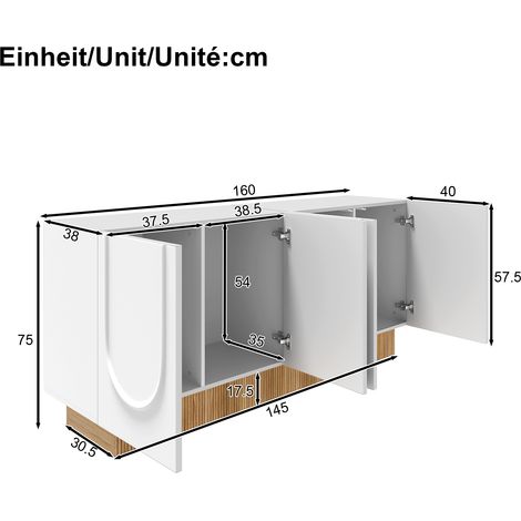 Buffet enfilade 160 cm blanc et bois - bahut de salon moderne avec 4 portes,relief et étagères ajustables -mdf- meuble de rangement salle à manger
