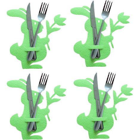 Lot de 4 porte-ustensiles de table de Pâques, avec couvercles pour couteaux et fourchettes, motif lapin tenant des emballages de fleurs, pour la table à manger. (1/4)