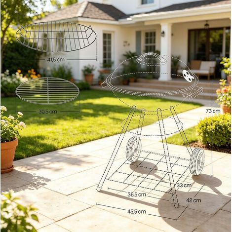 Barbecue charbon rond 45,5x42x73 cm en métal noir, couvercle ventilé, pour jardin – MEUBLIV (1/5)