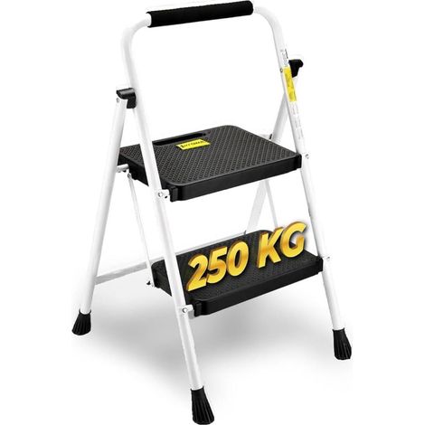 HYTAMA Scala Scaletta Sgabello Pieghevole "WHITE MAX" Salvaspazio con Gradini Antiscivolo e Impugnatura Soft in Gomma per Sicurezza Portata max150kg (2 GRADINI)