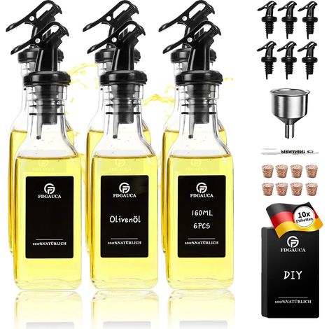 Juego de dispensadores de aceite, vidrio de alta transparencia, vertido antigoteo, 6 x 160 ml (1/2)
