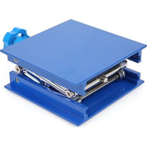 Plateforme élévatrice de laboratoire en aluminium électroplaqué bleu 100 x 100 mm avec support et cric à ciseaux (1/5)