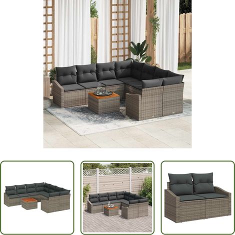 Gartentisch -  Gartensofa-set mit Kissen 9 pcs Grau Poly-Rattan (1/5)