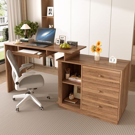 Bureau informatique extensible 110x40 cm, bureau gain de place avec tablette clavier, 3 tiroirs, 2 niches et passe-câbles, Effet noyer (1/5)