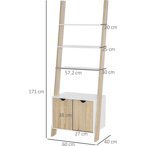 Bibliothèque échelle à 3 étagères et placards, en bois, style scandinave, 60 x 40 x 171 cm, chêne et blanc (1/5)