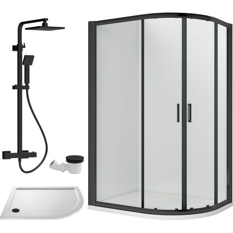 Balterley Almington Quadrant Offset Right Bundle: Tray, Square Kit & Waste, 1200 x 800 mm White/Black
