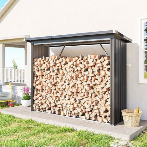 Abri à bois en acier, surélevé avec toit incliné, 213 x 66,5 x 150 cm, gris foncé DESVIAE (1/5)