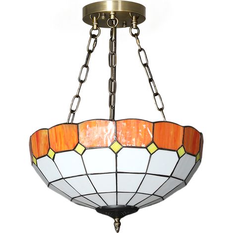 Vintage Tiffany Style Ceiling Light Fixture with 3 E27 Sockets, Semi-Flush Mount Design for Living Room, Orange and White (1/5)
