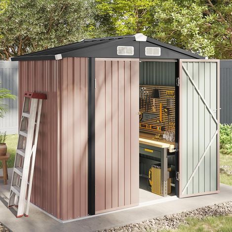 Aoxun Metal Garden Shed, Tool Shed with Lockable Door, Robust and Rust-Resistant Garden Cabinet, Slooping Roof, 6x4ft, Brown (1/5)