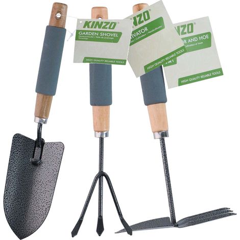 KINZO Kit 3 Outils Jardin - Pelle + Serfouette + Griffe - Manche Bois & Mousse Ergonomique - Set Complet Plantation & Désherbage (1/3)