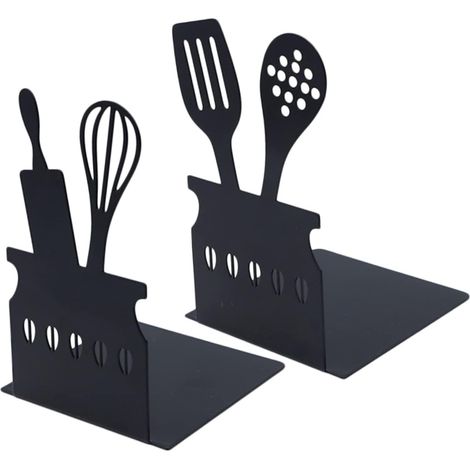 Sujetalibros de metal negro, superficie sin rebabas, 2 piezas, soporte estable para la oficina y la sala de estar para revistas y documentos. (1/5)