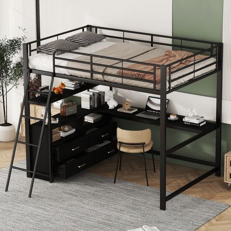Bett Hochbett Stauraum 140x200 mit Schreibtisch HAVRYA (1/5)