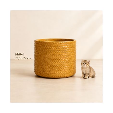 Set di vasi in ceramica fatti a mano, 1 pezzo (Ø24,5 cm), giallo grano lucido, con rilievo rotondo a forma di fetta di pesce, traspiranti, resistenti al gelo, con fori interni, per balcone e giardino. (1/5)