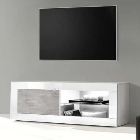 Meuble TV 1 porte - 2 niches blanc et gris béton 140cm CALIA (1/5)