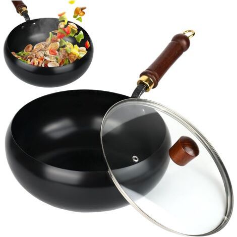 Poêle en fonte - Poêle en fer non revêtue - Poêle antiadhésive forgée à la main - Récipient de cuisson polyvalent avec couvercle pour mijoter et rôtir à haute température - Compatible avec les (1/5)