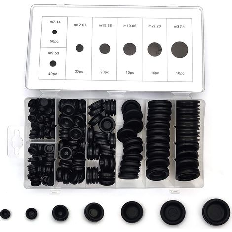 170 PiècesBouchons en Caoutchouc, Assortiment Oeillet en Caoutchoucs, Passe Fils Caoutchouc de Trou, Plaque Caoutchoucs Cache Trou pour Bouchons, Voitures, Conduites d'eau, Pompes(Noir) (1/5)
