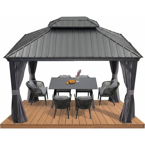 PURPLE LEAF 4 x 3 m tonnelle de jardin, pergola aluminium extérieure avec moustiquaire et rideaux, hardtop pavillon double toit en acier galvanisé, gris (1/5)