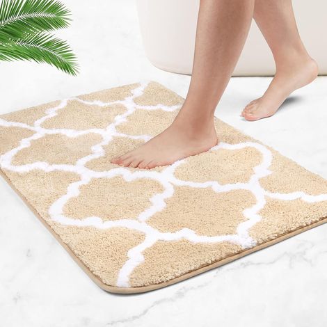 Alfombrilla de baño antideslizante y extralarga, fabricada en microfibra suave y cómoda que absorbe el agua muy rápidamente (beige claro, 50 x 80 cm). (1/5)