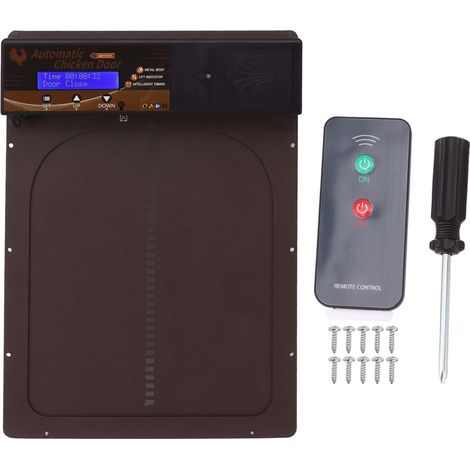 Porte automatique 3 en 1 pour poules avec LED, télécommande, détecteur de lumière IP45 - Marron (1/5)