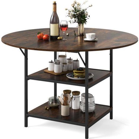 Table à manger ronde marron 120 cm avec plateau en bois, piètement métallique noir et 2 étagères pour cuisine (1/5)