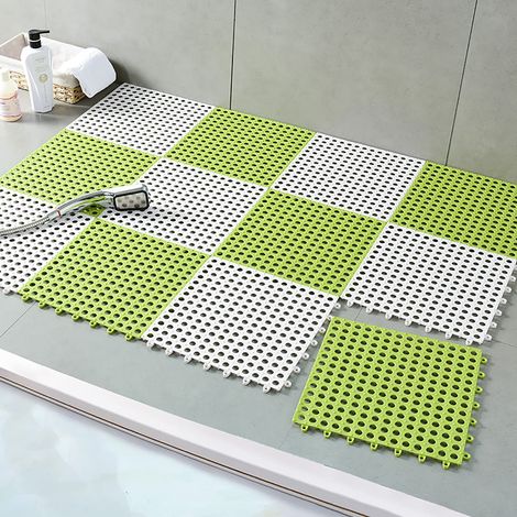 Lot de 10 Dalles de sol de emboîtables, Tapis de bain antidérapant en assembler de forme carrée 3030cm avec trous de drainage (vert et blanc) (1/5)