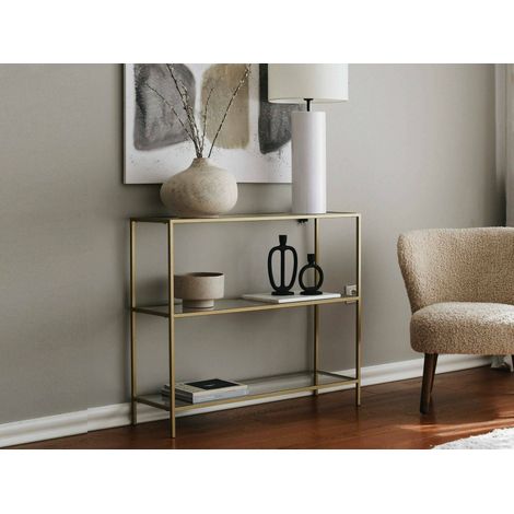 Dmora - Consolle Domenica, Tavolo multiuso, Mobiletto d'appoggio, Scrivania da corridoio, 100x30h85 cm, Oro (1/5)
