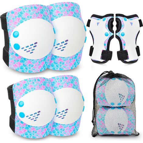 Genouillères pour filles – Équipement de protection réglable – Genouillères et coudières avec protège-poignet pour filles, tout-petits, patins à roulettes, vélo, skateboard, scooter (sirène (1/5)
