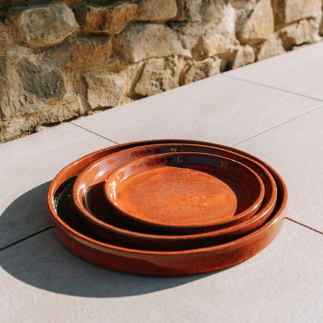 Soucoupe ronde 24cm orange tropical faite à la main en terre cuite émaillée